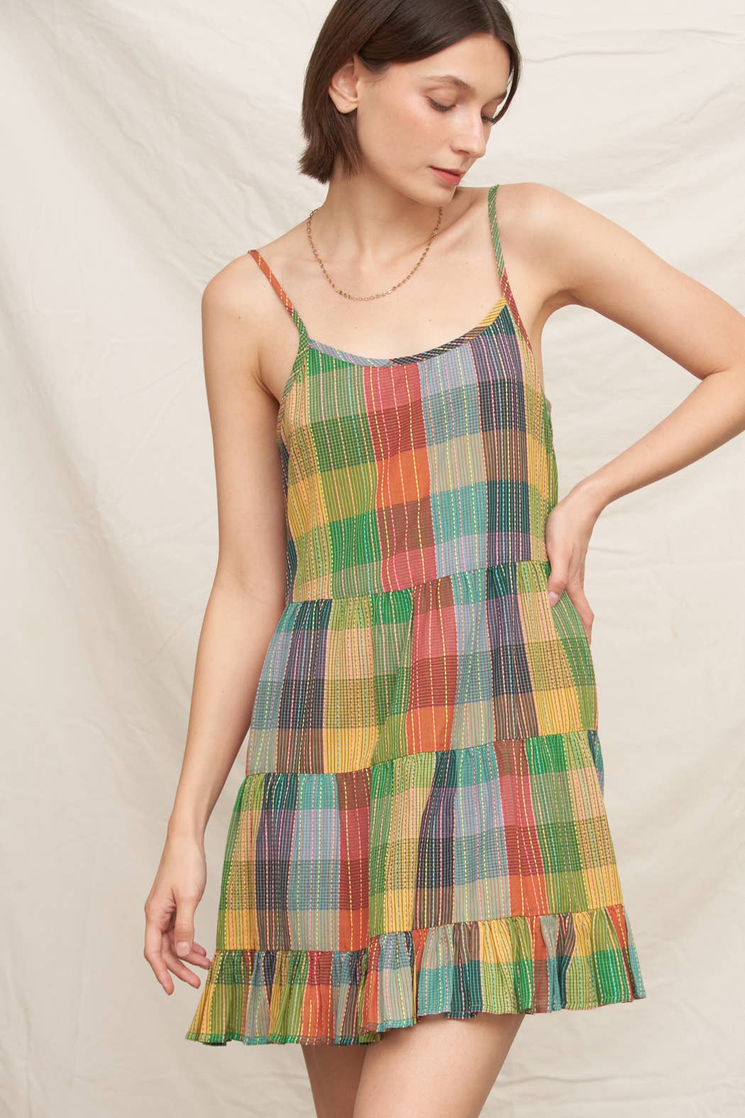 En Crème - Sleeveless Multicolor Plaid Tiered Mini Dress