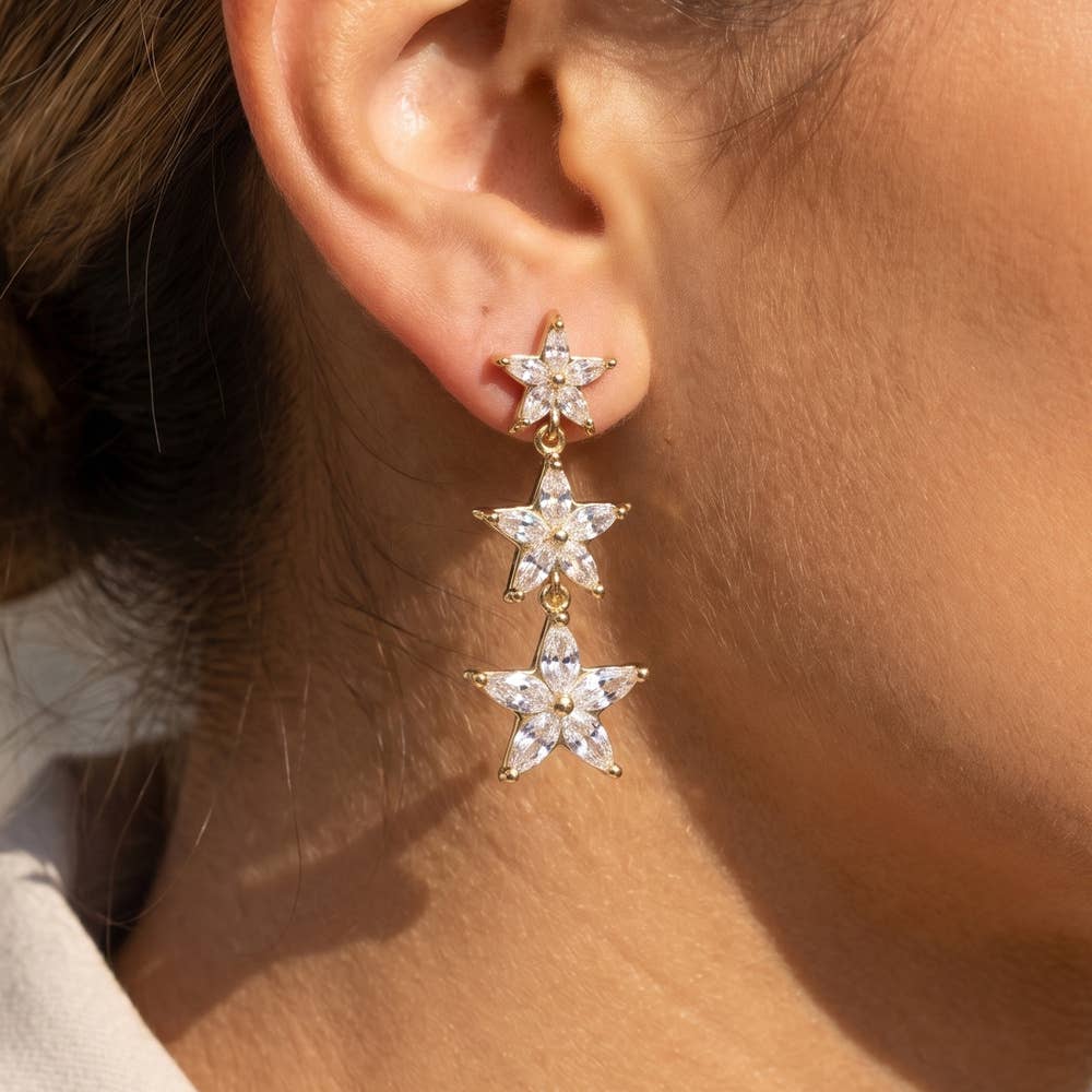 Fame Accessories - Triple Star Cz Drop Earrings