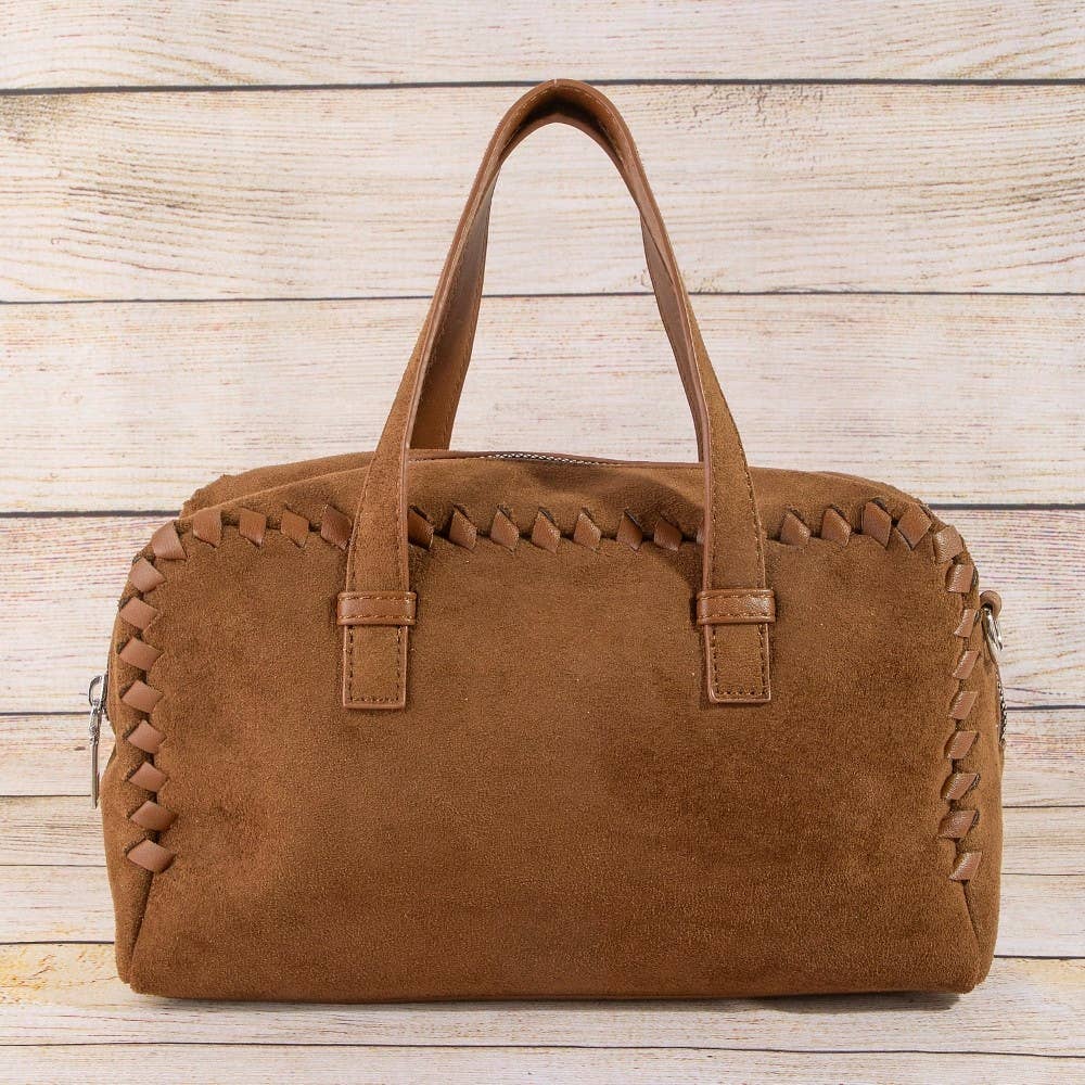 Collections by Fame Accessories - Rectangle Woven Trim Detail Suede Bag
