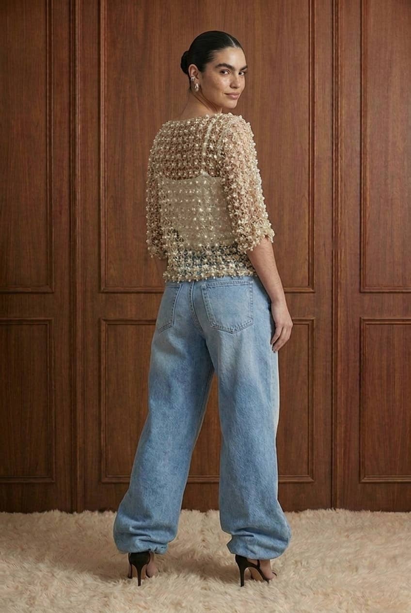 Beulah Style - Floral Guipure Pearl-Embellished Overlay Top