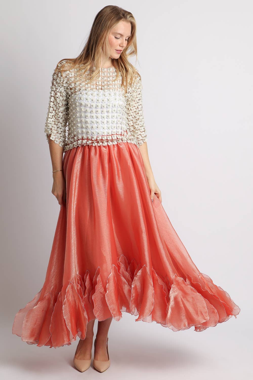 Beulah Style - Floral Guipure Pearl-Embellished Overlay Top