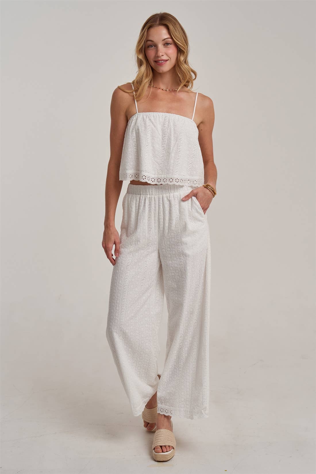 BON - EYELET LACE CROPPED CAMI TOP AND WIDE LEG PANTS SUMMER SET