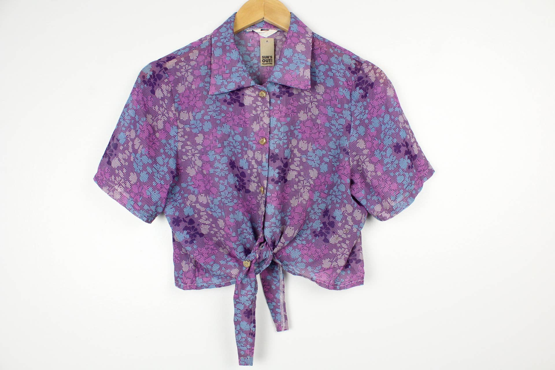 Reworked Vintage Short-Sleeve Button Up Blouse - Tied Front