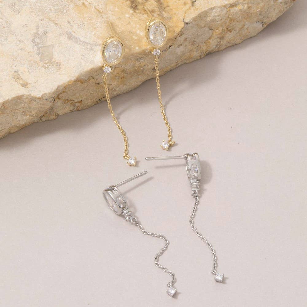 Fame Accessories - Oval Cz Bezel Stud With Long Chain Tassel Drop Earrings