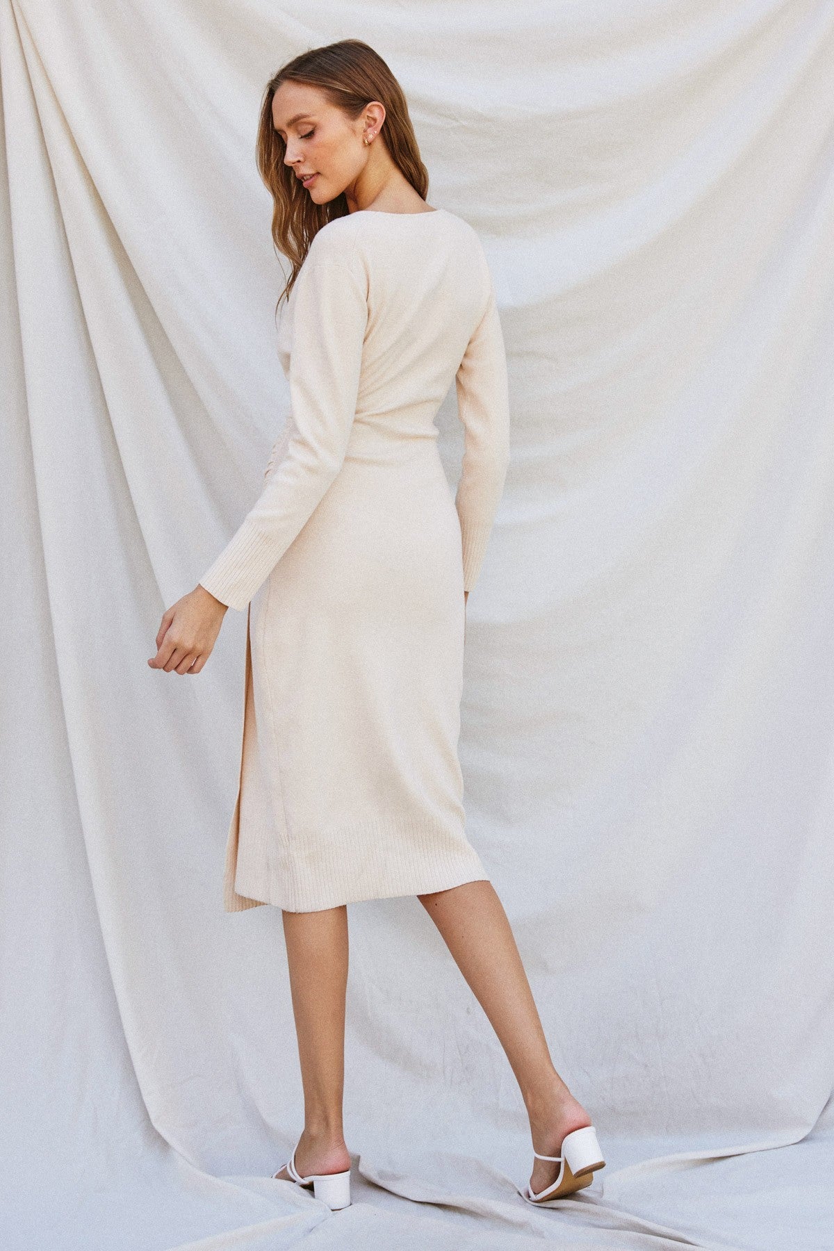 Surplice Ruched Side Midi Knit Dress