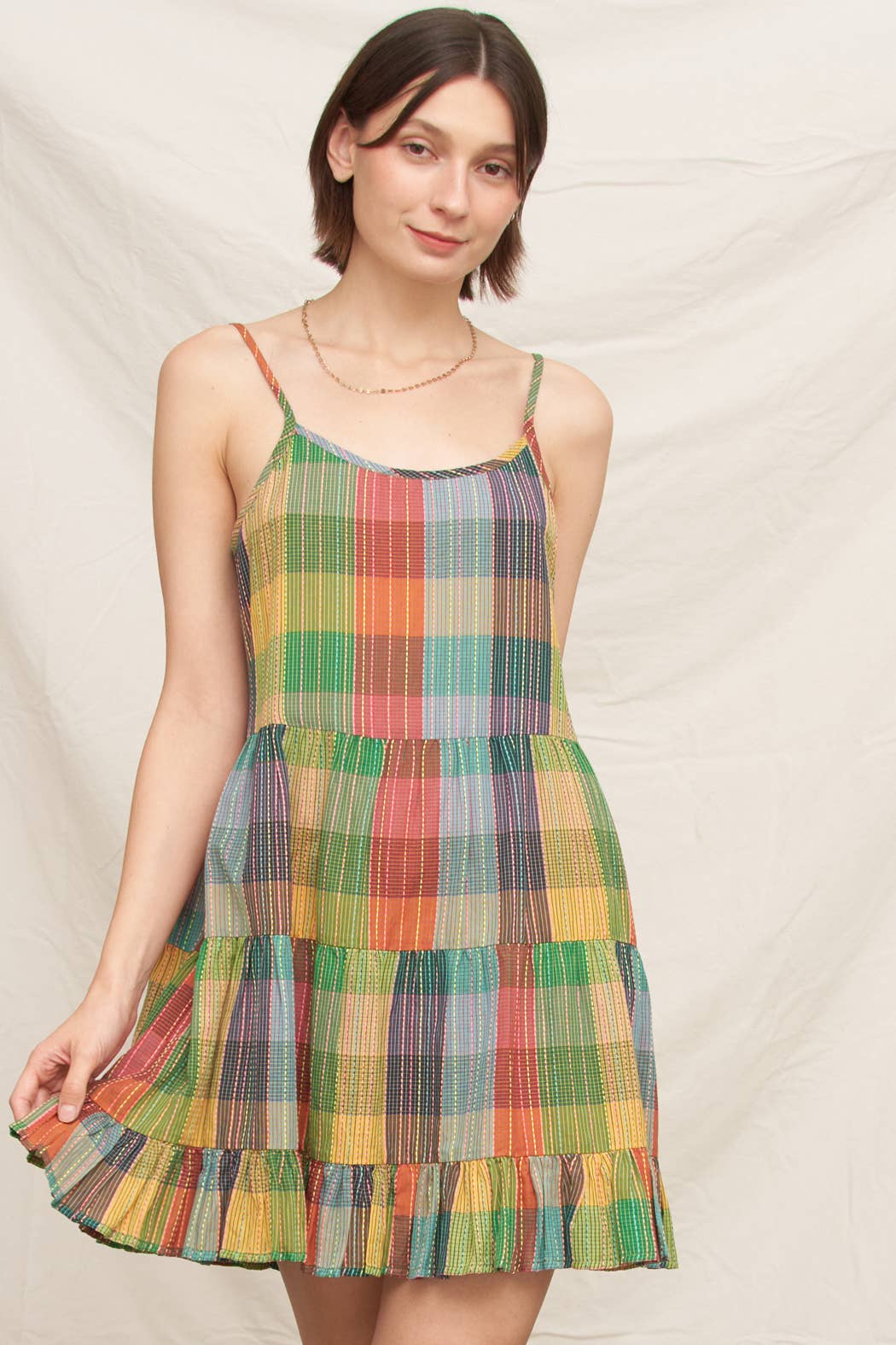 En Crème - Sleeveless Multicolor Plaid Tiered Mini Dress
