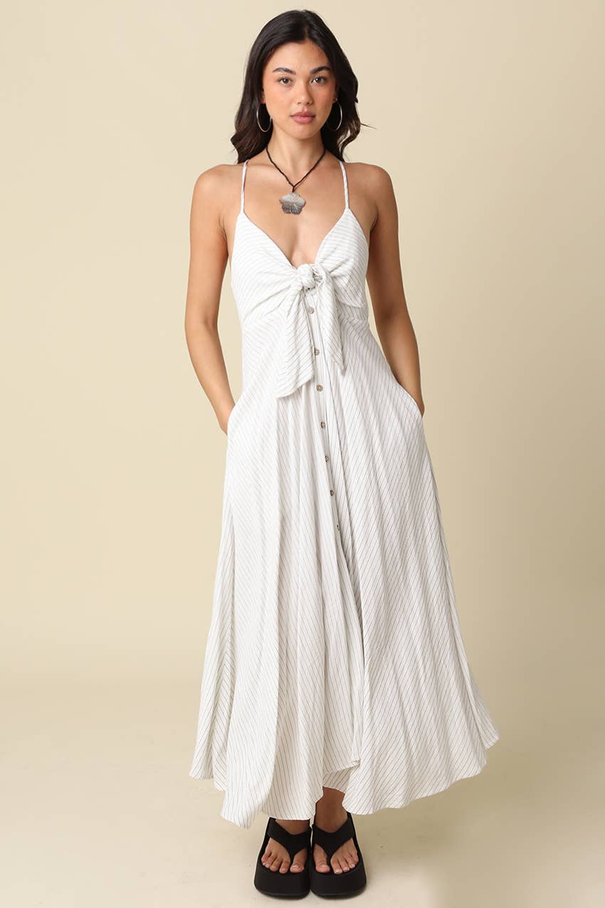 Olivaceous - Belle Stripe Front-Tie Maxi Dress