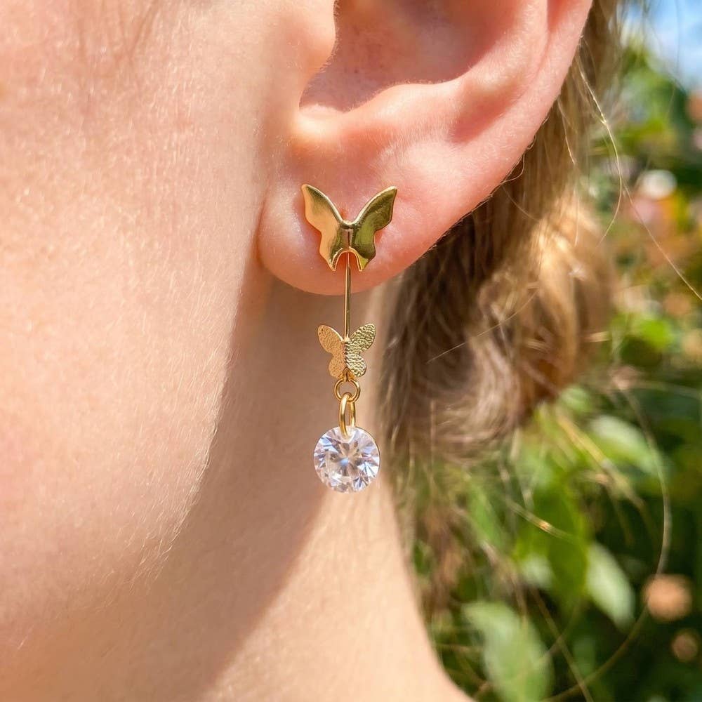 Fame Accessories - Butterflies And Cz Gem Dangle Earrings