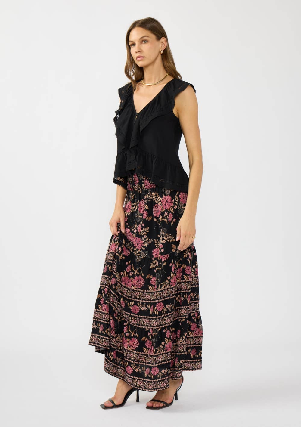 Lovestitch - V-neck Ruffle Sleeve Top with Lace Inserts & Shirred Hem