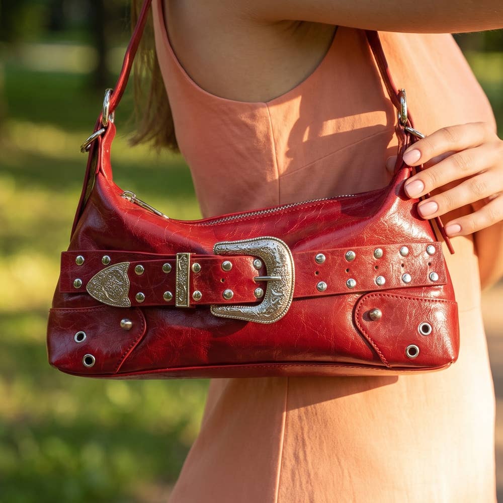 Collections by Fame Accessories - Studded Western Buckle Vegan Leather Shoulder Bag