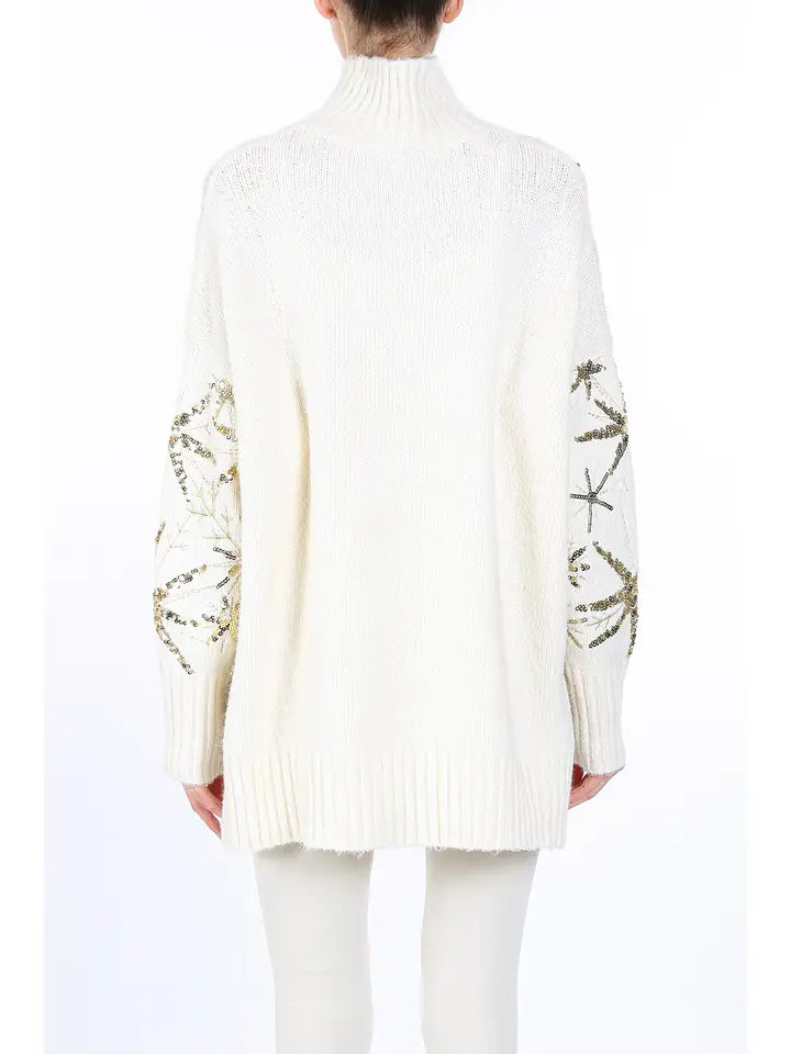 Starry Sequined High Low Knit Turtleneck Sweater