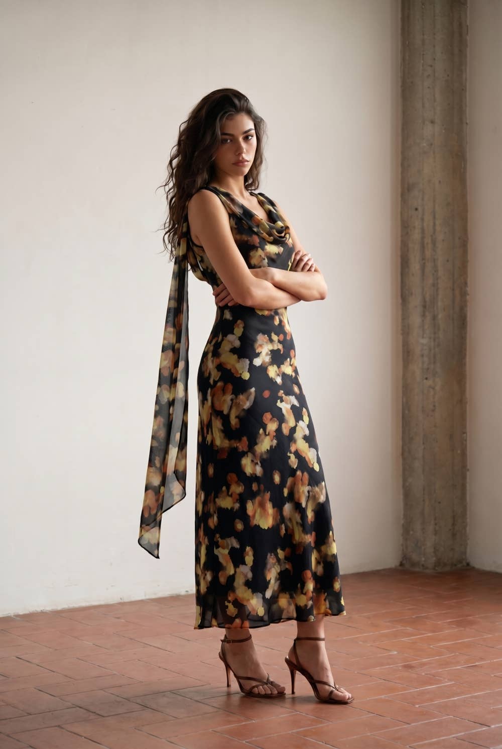 Edit by Nine - Cowl Neck Maxi Slip Dress with Cascading Shoulder Sash