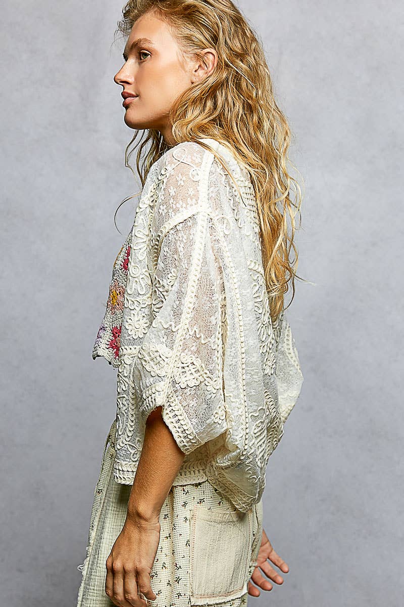 Pol Clothing - Floral Embroidery Crochet Half Batwing Sleeve Cardigan