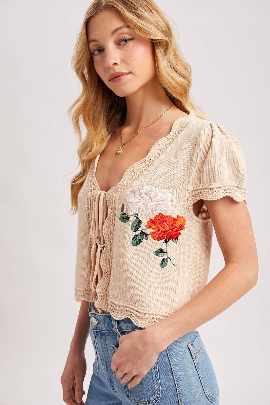 Bluivy - EMBROIDERED CAP SLEEVE OPEN FRONT SELF-TIE KNIT TOP - EASTER