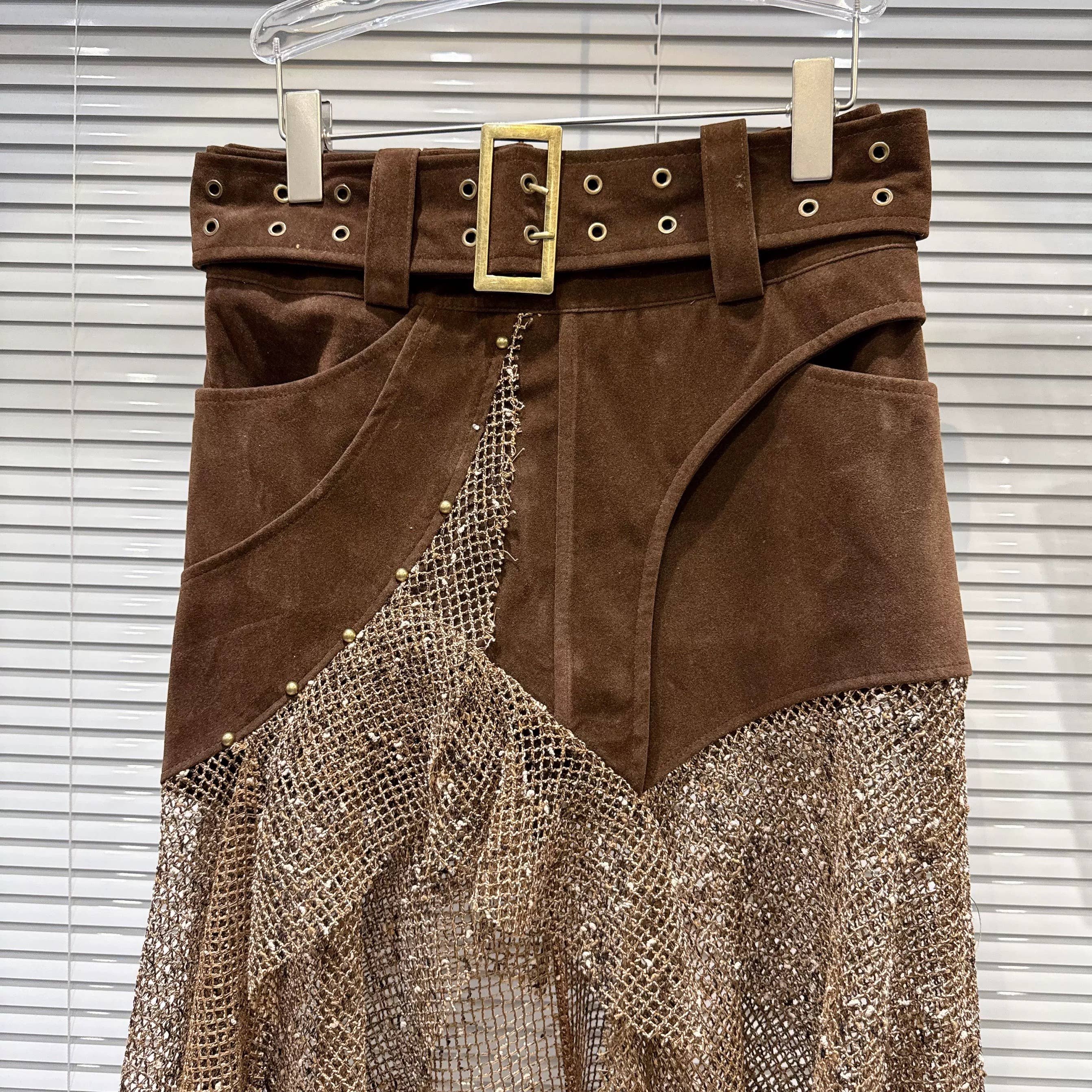 Retro Studded Belt Metallic Mesh Midi Skirt Women