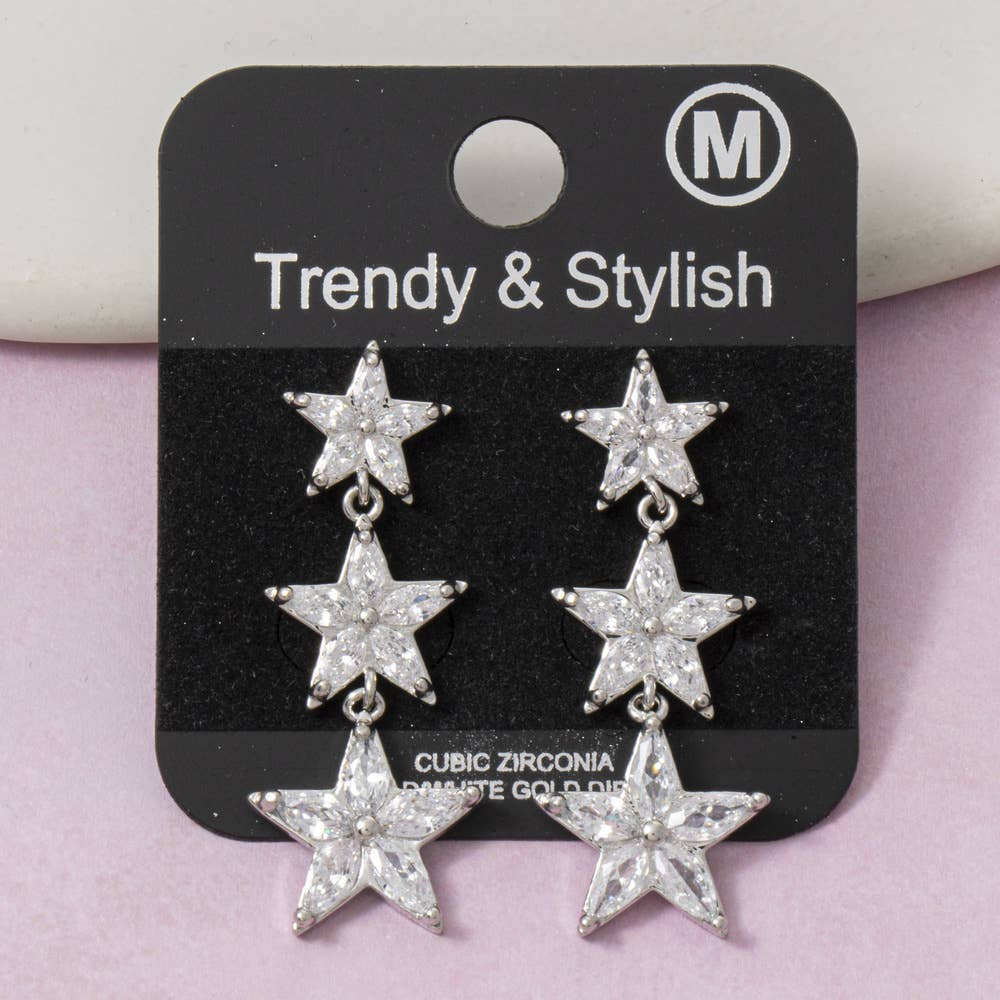 Fame Accessories - Triple Star Cz Drop Earrings