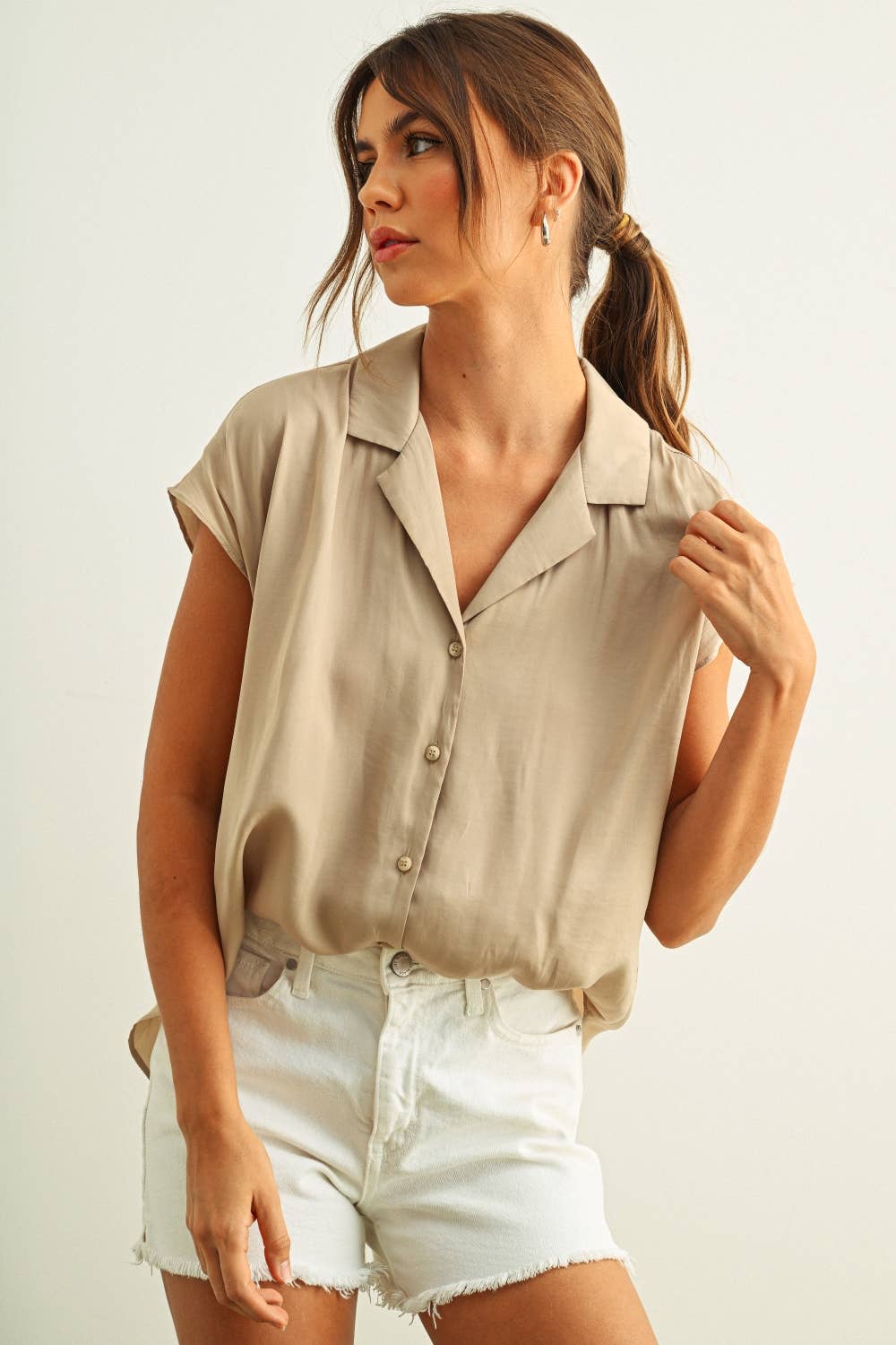 MIOU MUSE BUTTON DOWN CAP SLEEVE SHIRTS