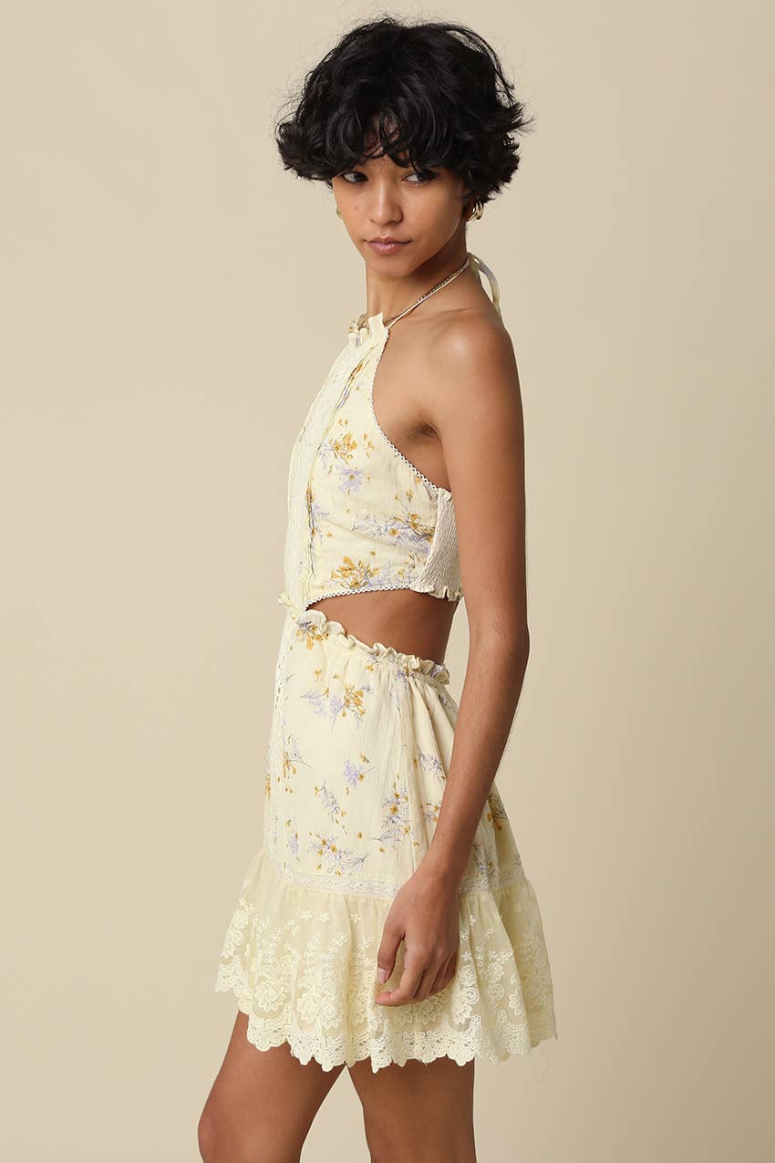 Olivaceous - Evelyn Butter Floral Halter Mini Dress