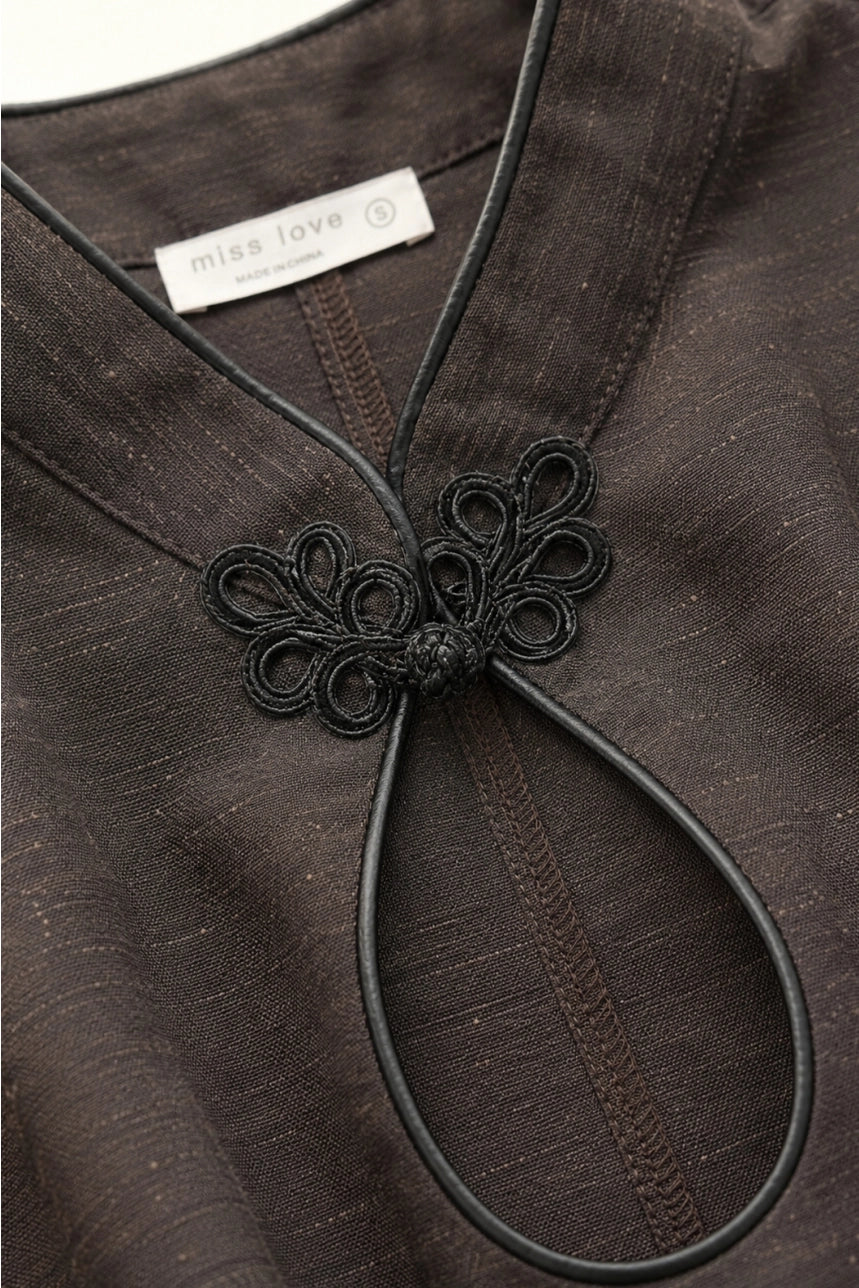 Linen Frog Clasp Shirred Top