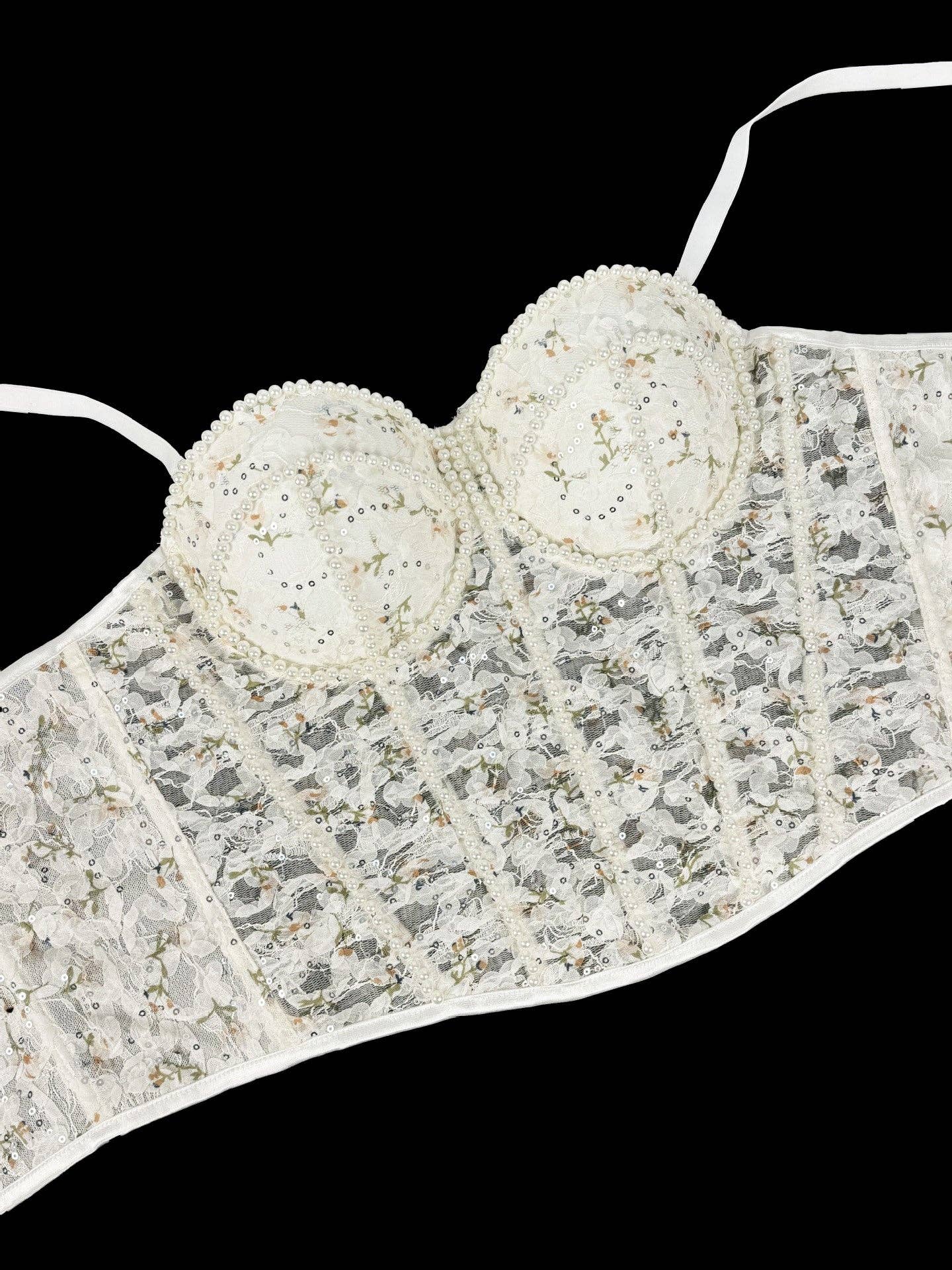 SALINA TRADING INC - Fishbone Lace Underbust Corset Top With Pearls