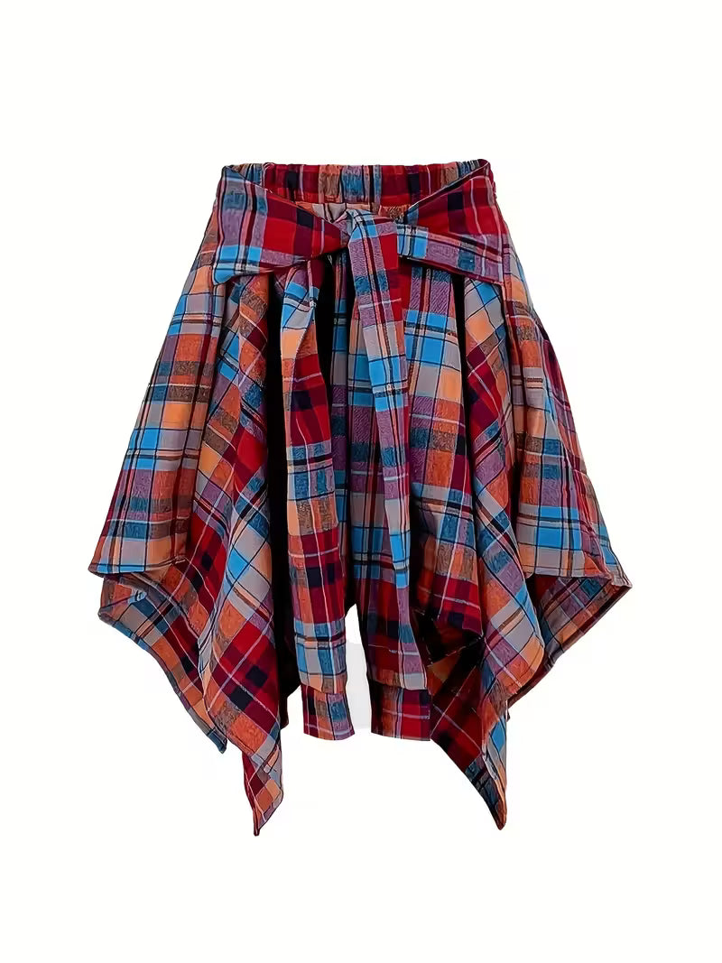 Asymmetrical Hem Plaid Print Skirt