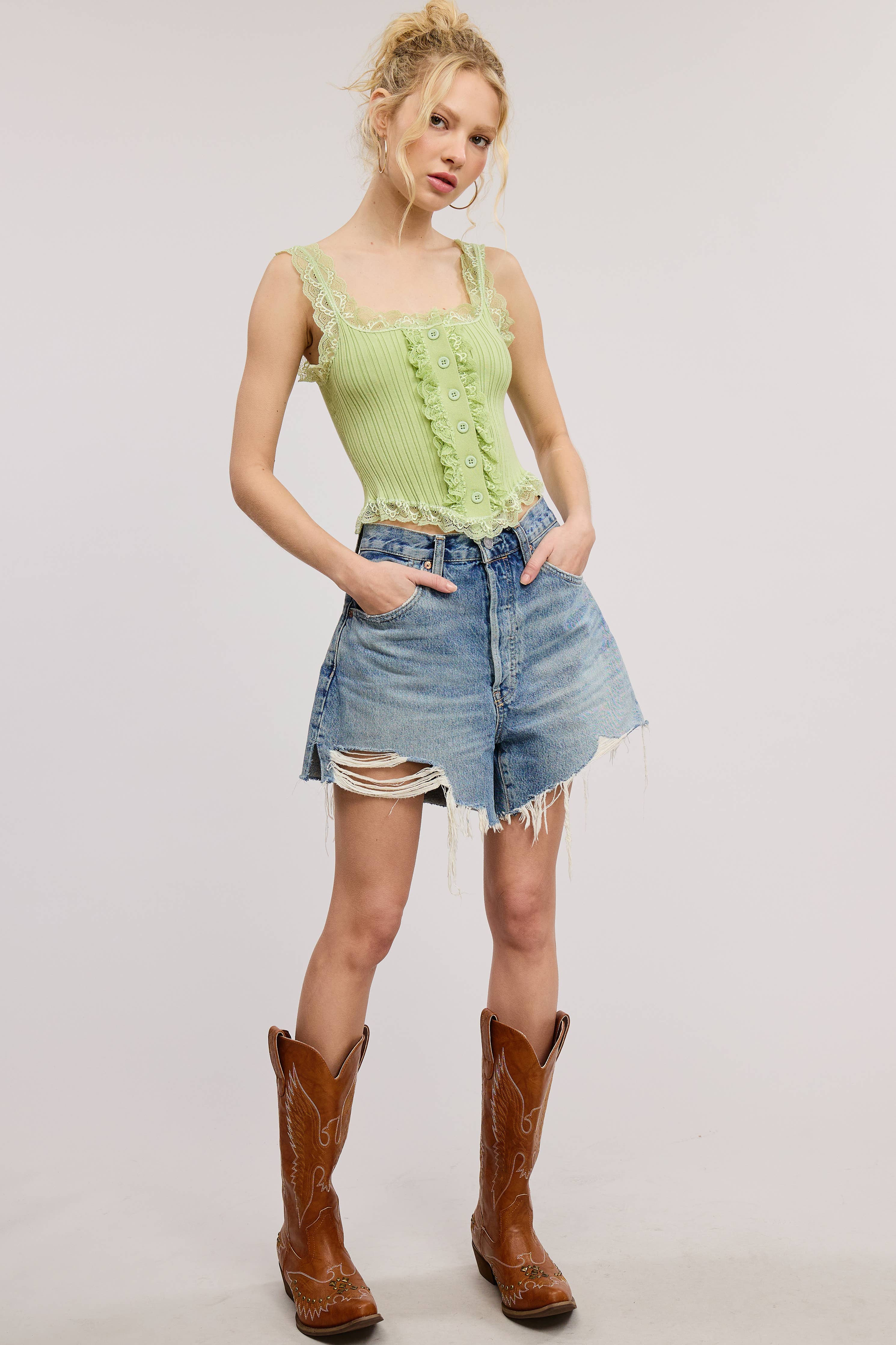Mimosa - Scalloped Lace Trim Corset-Bodice Knit Tank Top
