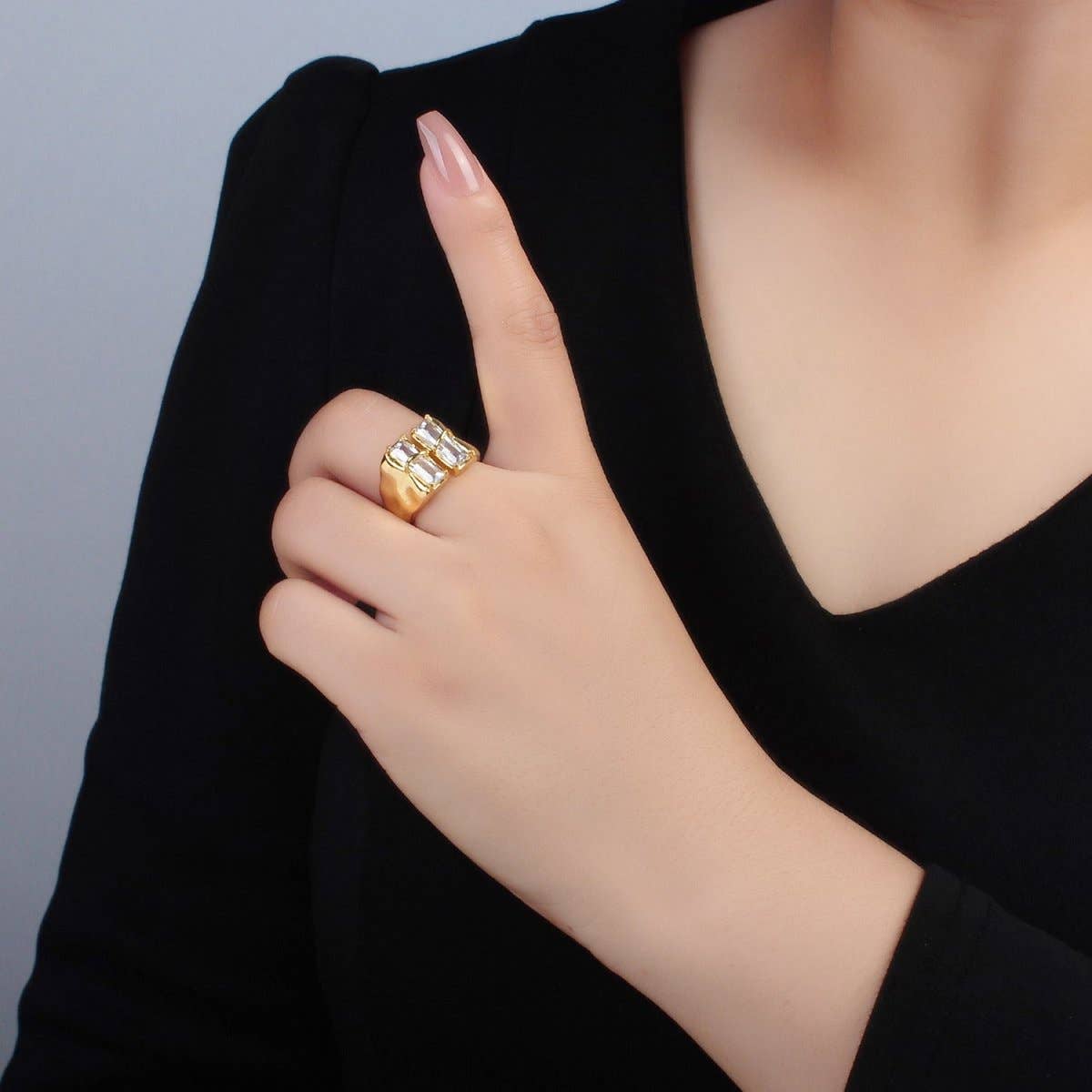 Aim Eternal - 24K Gold Filled Double Baguette CZ Signet Wrap Ring | U330