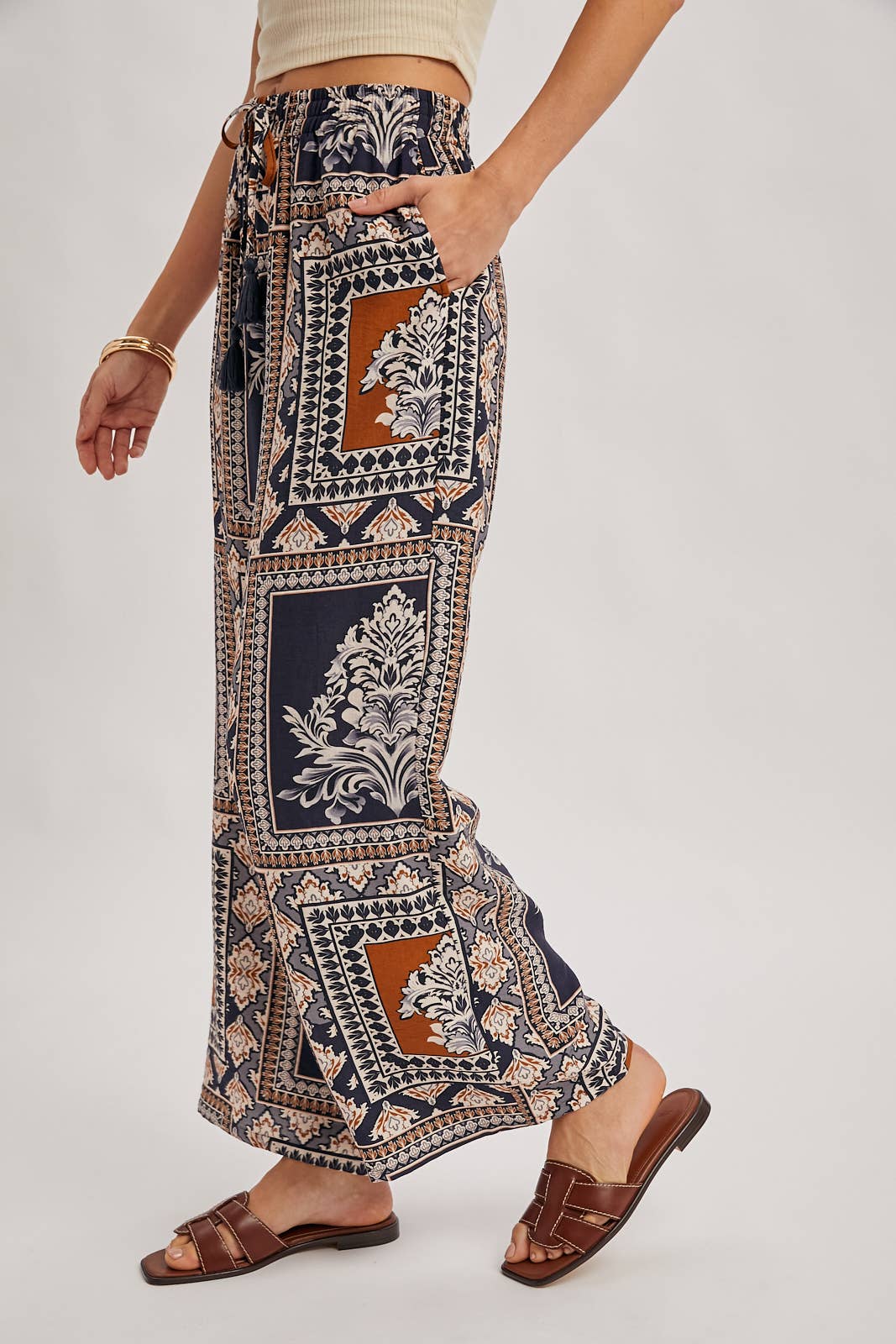 Bluivy - BOHO PRINT DRAWSTRING WIDE LEG PANTS