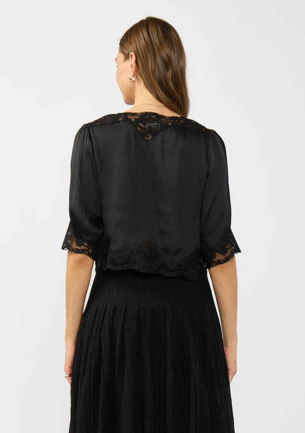 Lovestitch - V-Neck Button Front Blouse with Lace Trim
