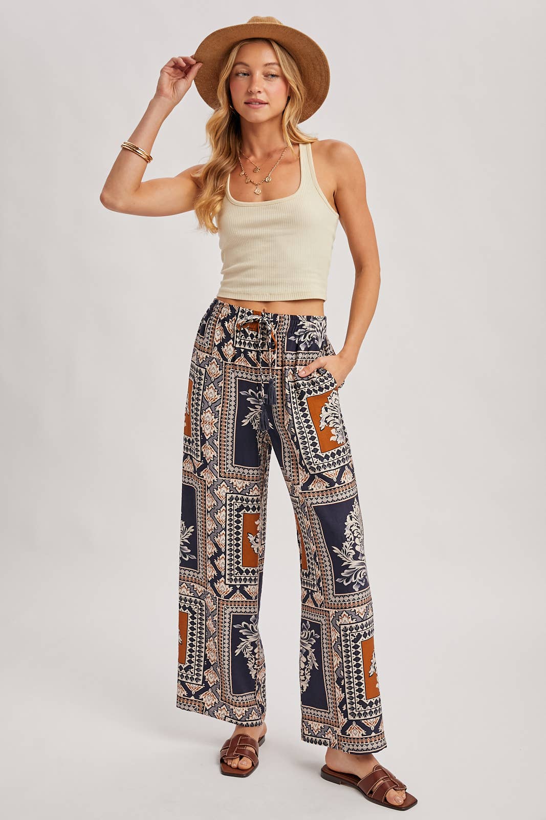 Bluivy - BOHO PRINT DRAWSTRING WIDE LEG PANTS