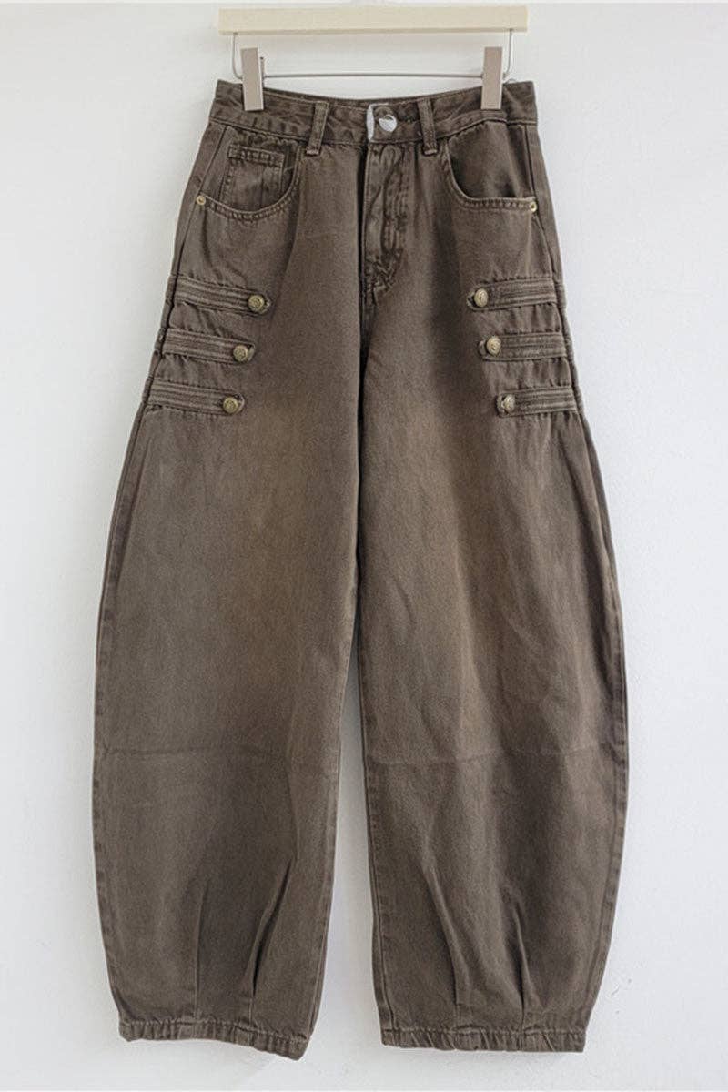 Mccolin - Button-Detail High-Waist Barrel Jeans