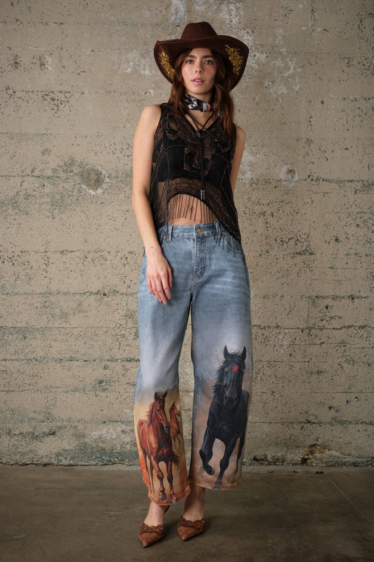 Blue B - 33309T Western Sequin Mesh Fringe Top