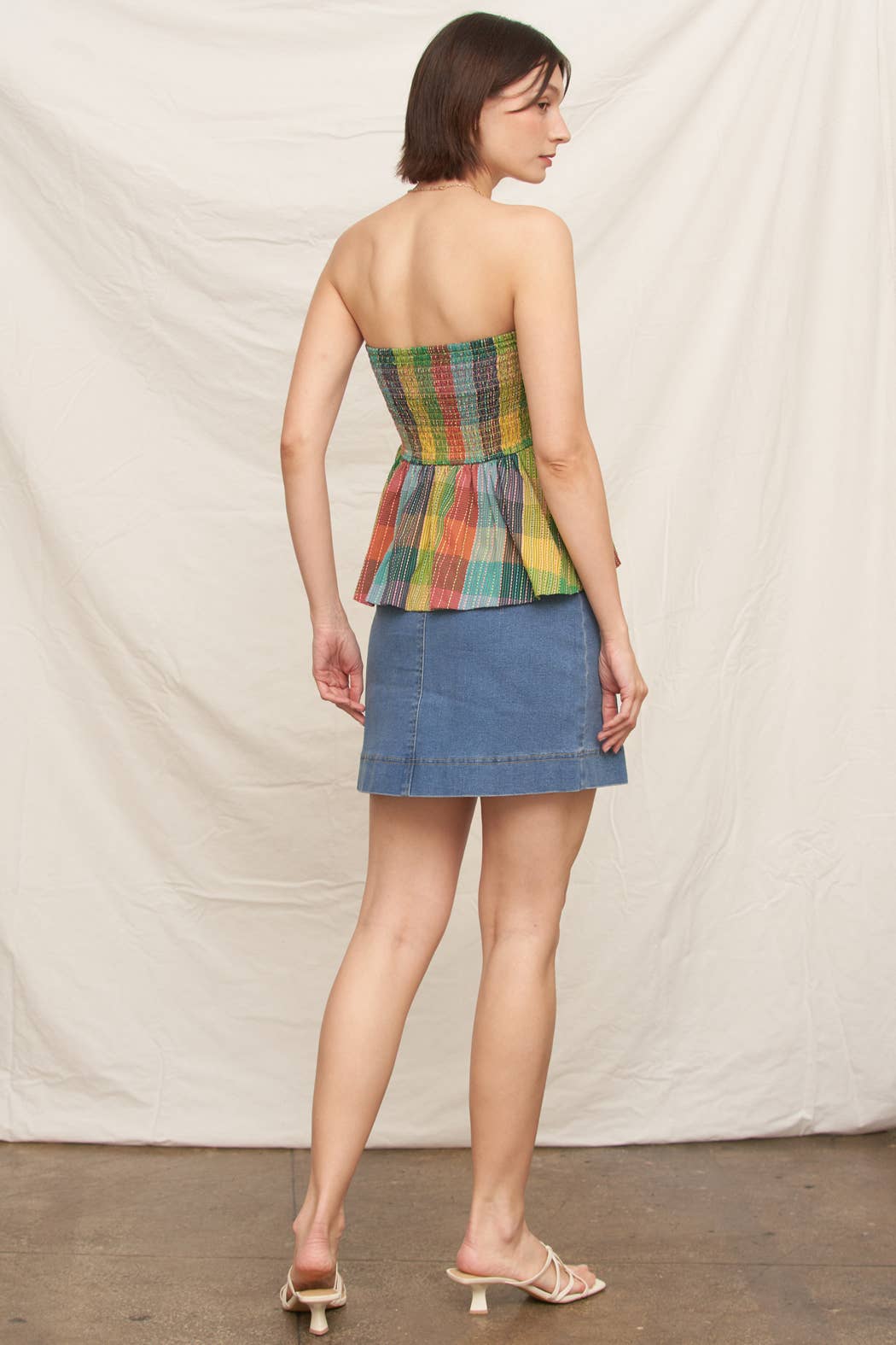 Multicolor Plaid Strapless Ribbon Top