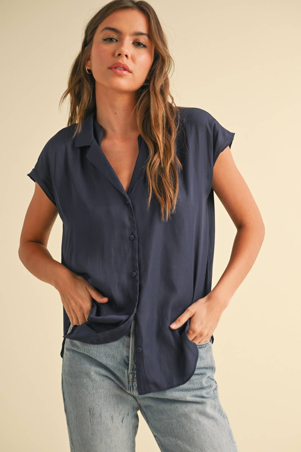 MIOU MUSE BUTTON DOWN CAP SLEEVE SHIRTS
