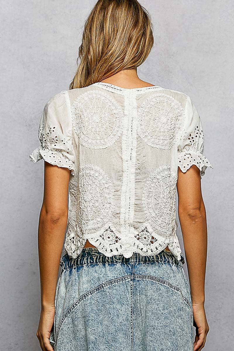 Pol Clothing - Round Neck Short Sleeve Button Closure Crochet Top