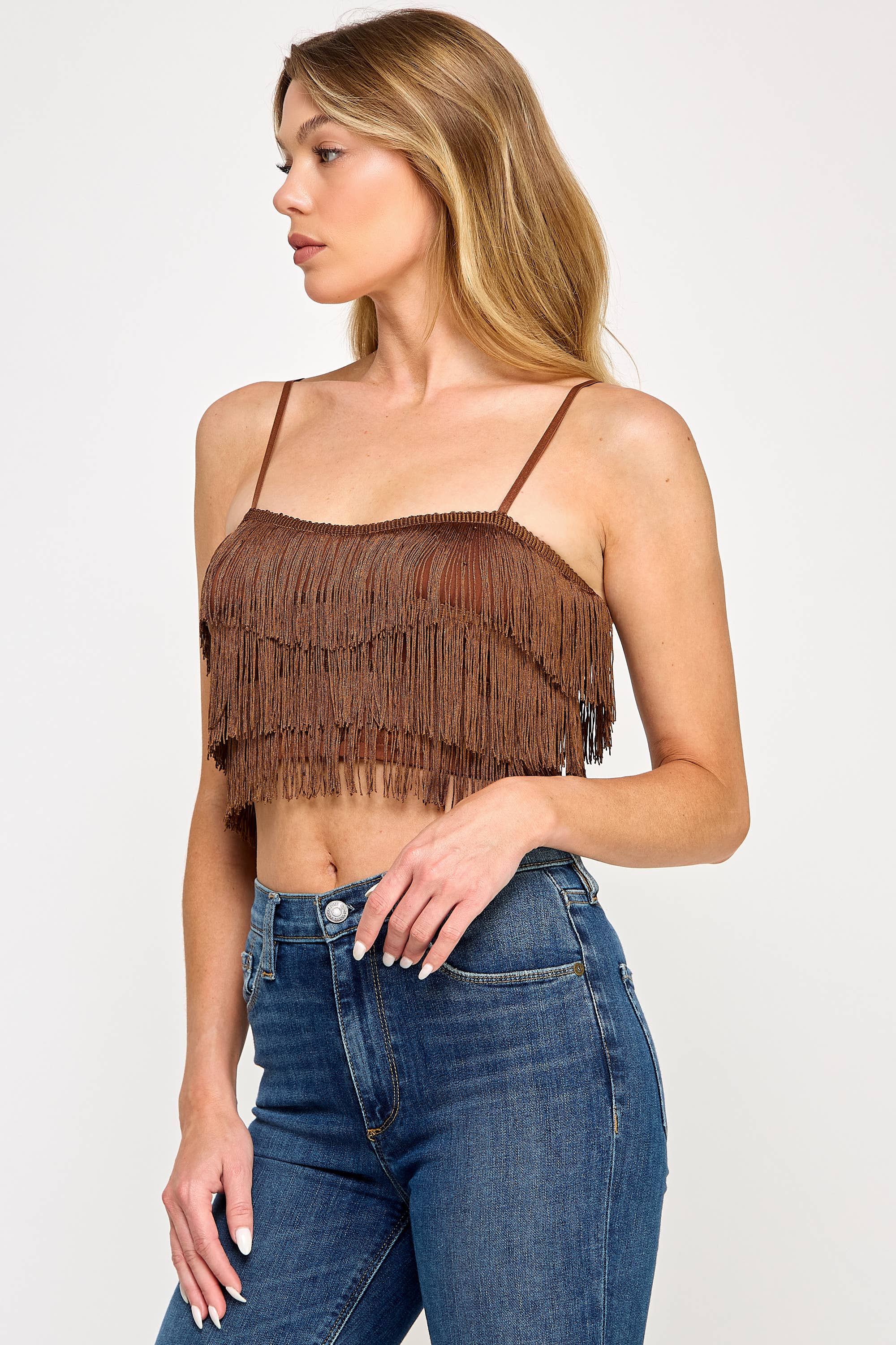 Tassel Fringe Crop Tiered Ruffle Cropped Tank Top