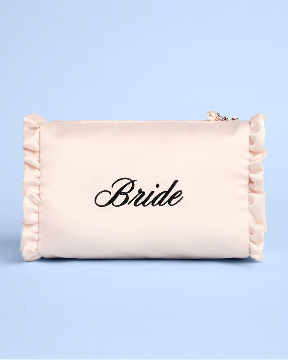 xo, Fetti - Embroidered Bride Satin Cosmetic Bag | bridal, ruffle, gift