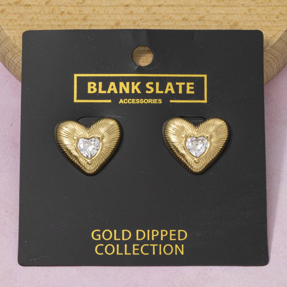 Fame Accessories - Gold Dipped Cz Heart Stud Earrings