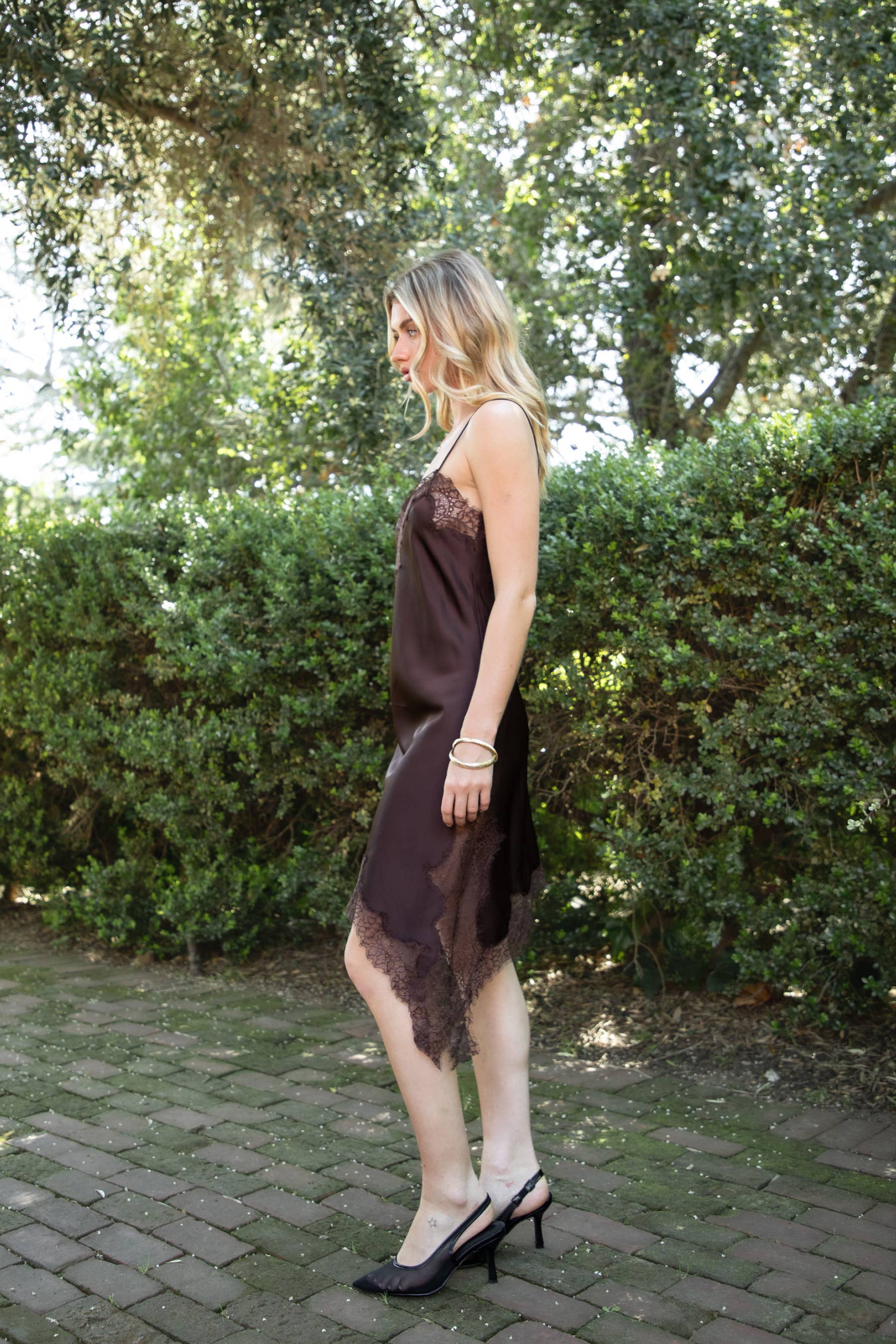 LINORA Satin Lace Contrast V-Neck Mini Dress
