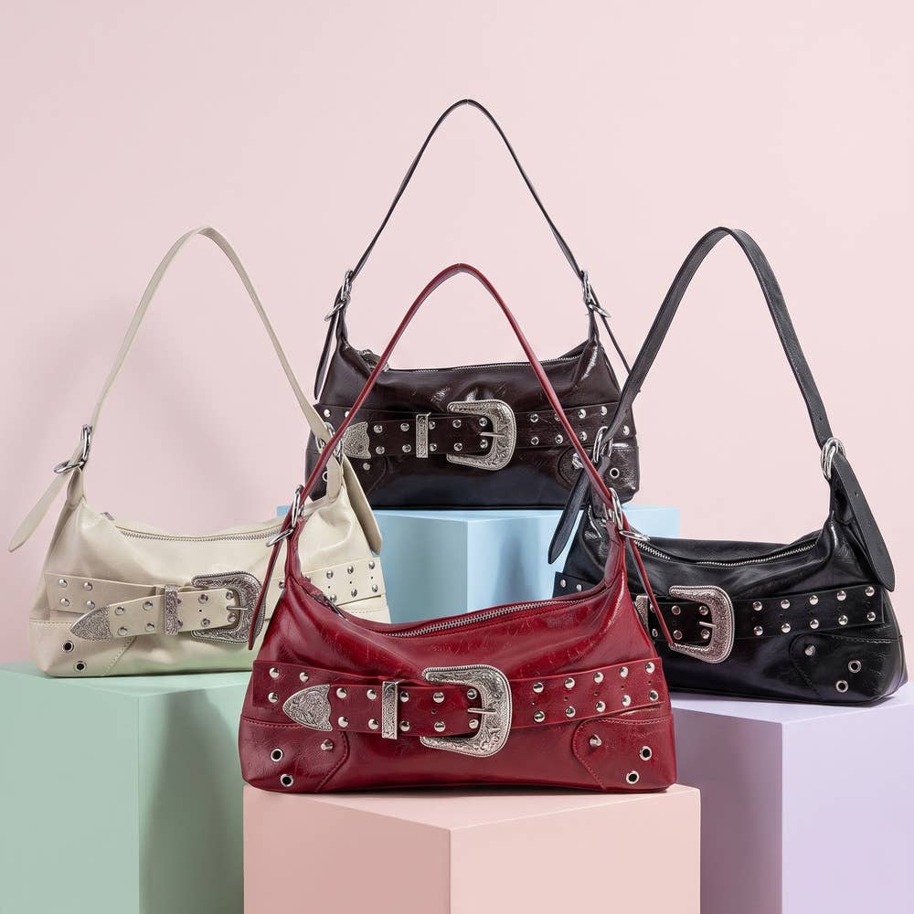 Collections by Fame Accessories - Studded Western Buckle Vegan Leather Shoulder Bag