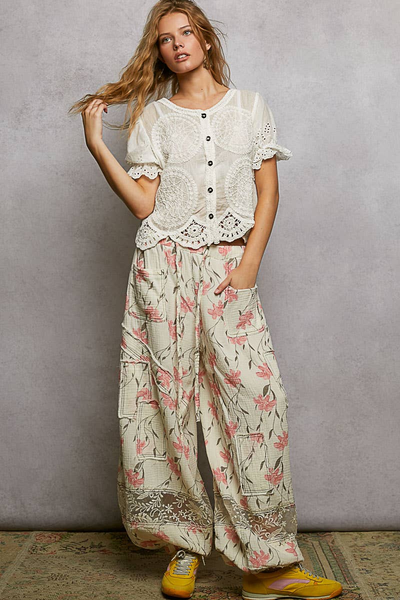 Pol Clothing - Round Neck Short Sleeve Button Closure Crochet Top