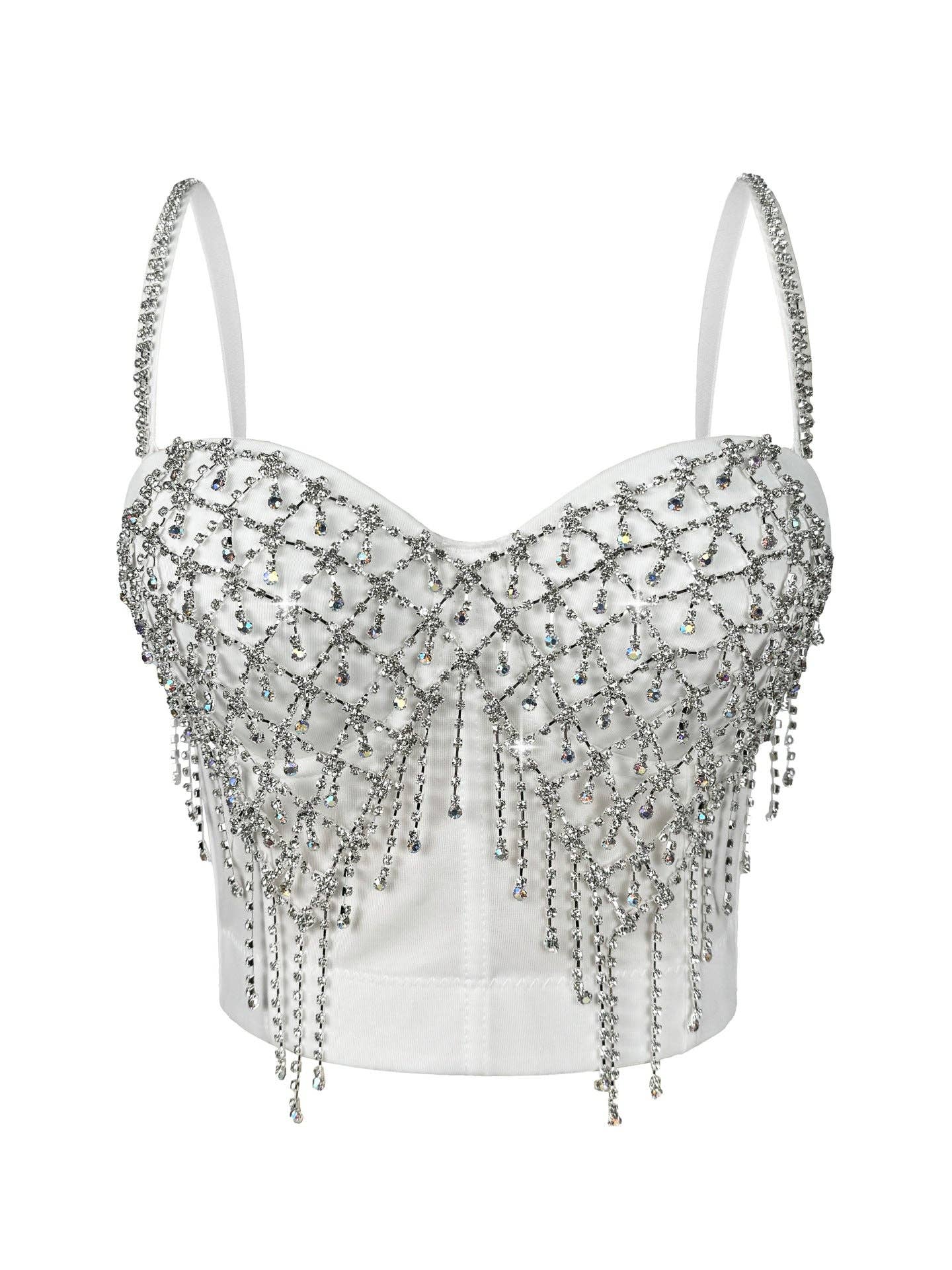 SALINA TRADING INC - Trendy Sexy Rhinestone Fringe Corset Top with Chain Straps