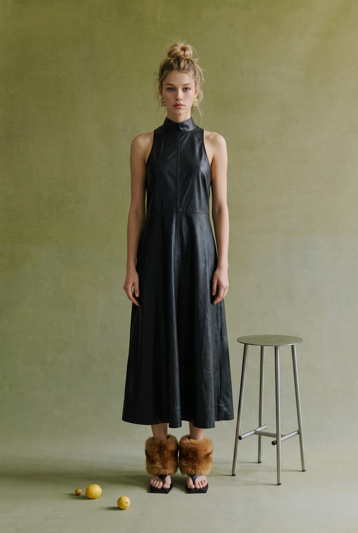 Yours Truly - SOD1627 Faux Leather Mock Neck Midi Dress