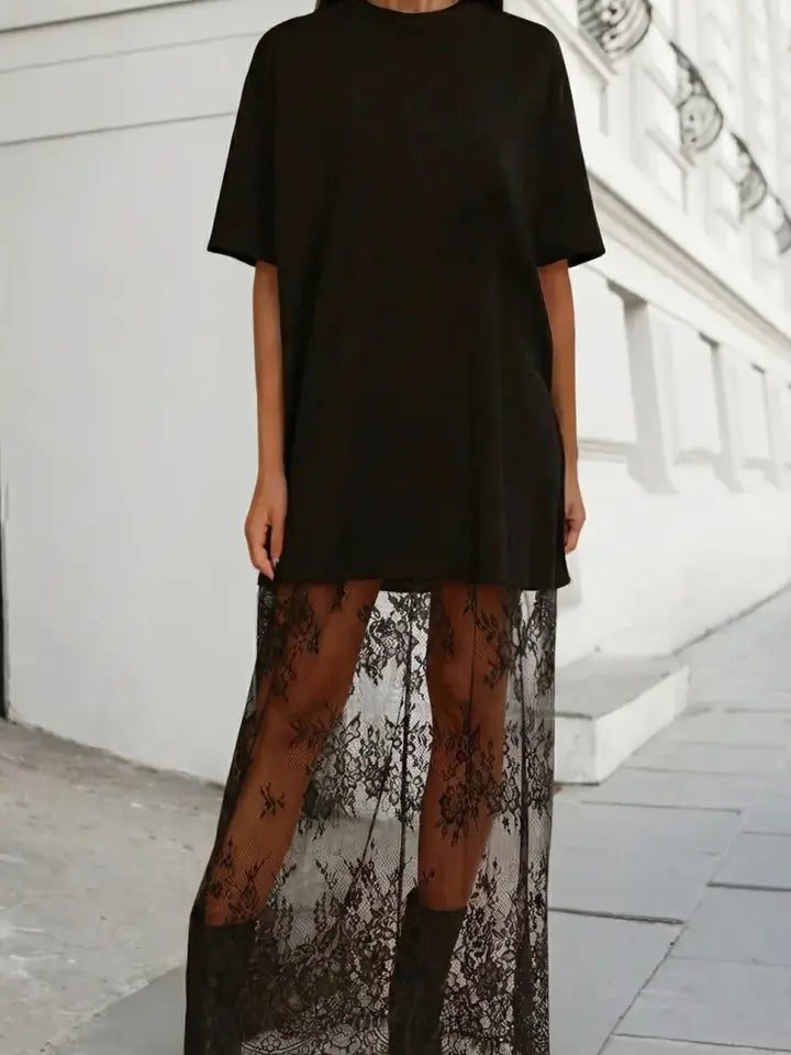 Lace Patchwork Short Sleeve Maxi Dress