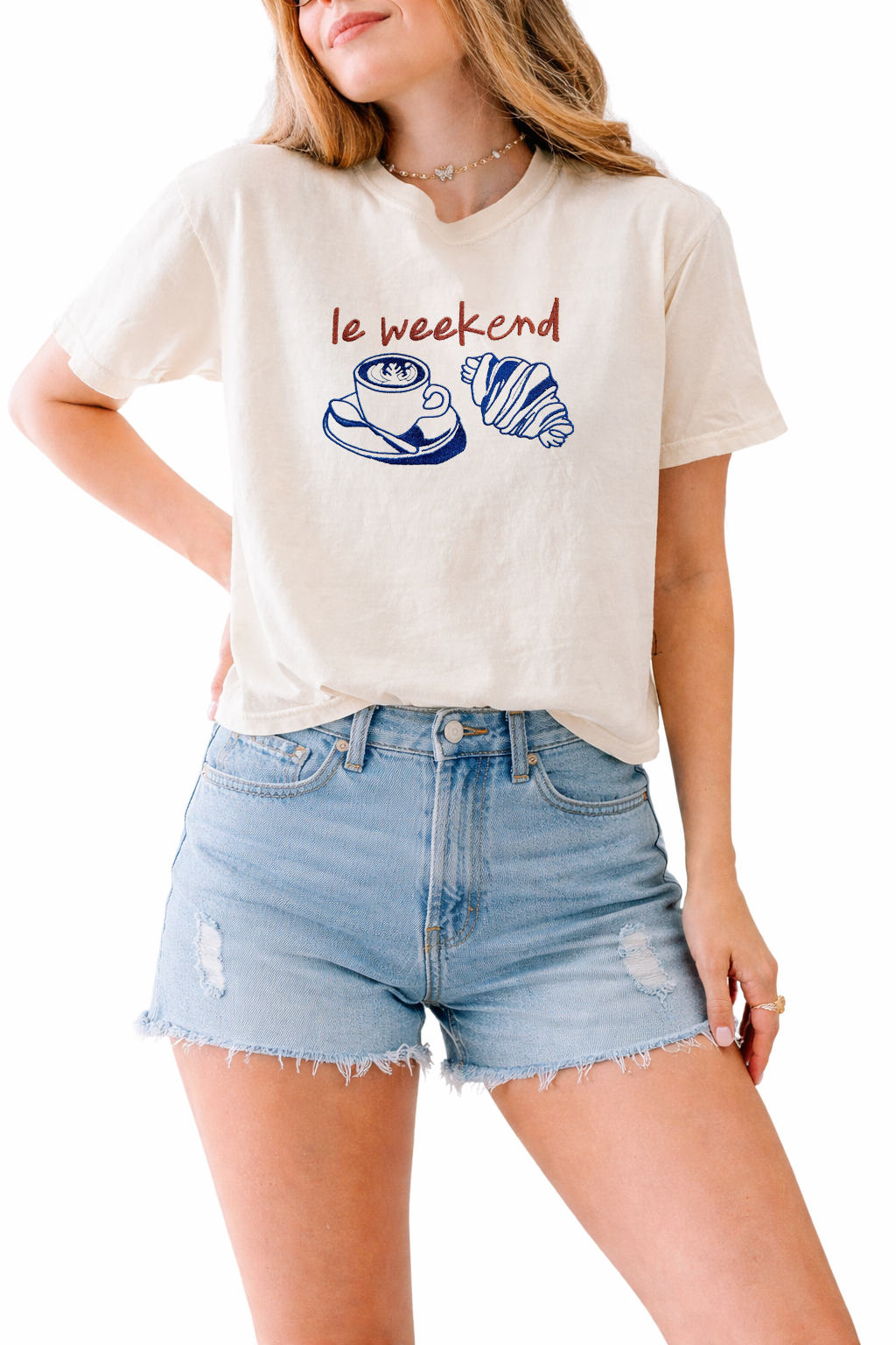 Plantiful Design Co - Embroidered Le Weekend French Coffee & Croissant Shirt
