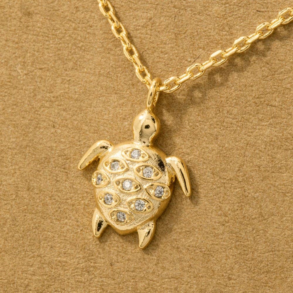 Fame Accessories - Gold Dipped Cz Studded Turtle Pendant Necklace
