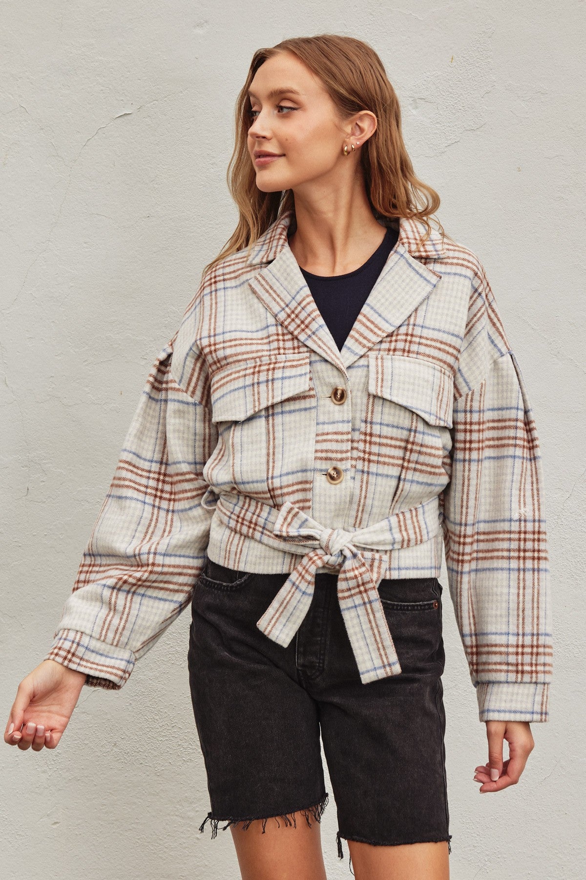 Checkered Belted Cropped Shacket