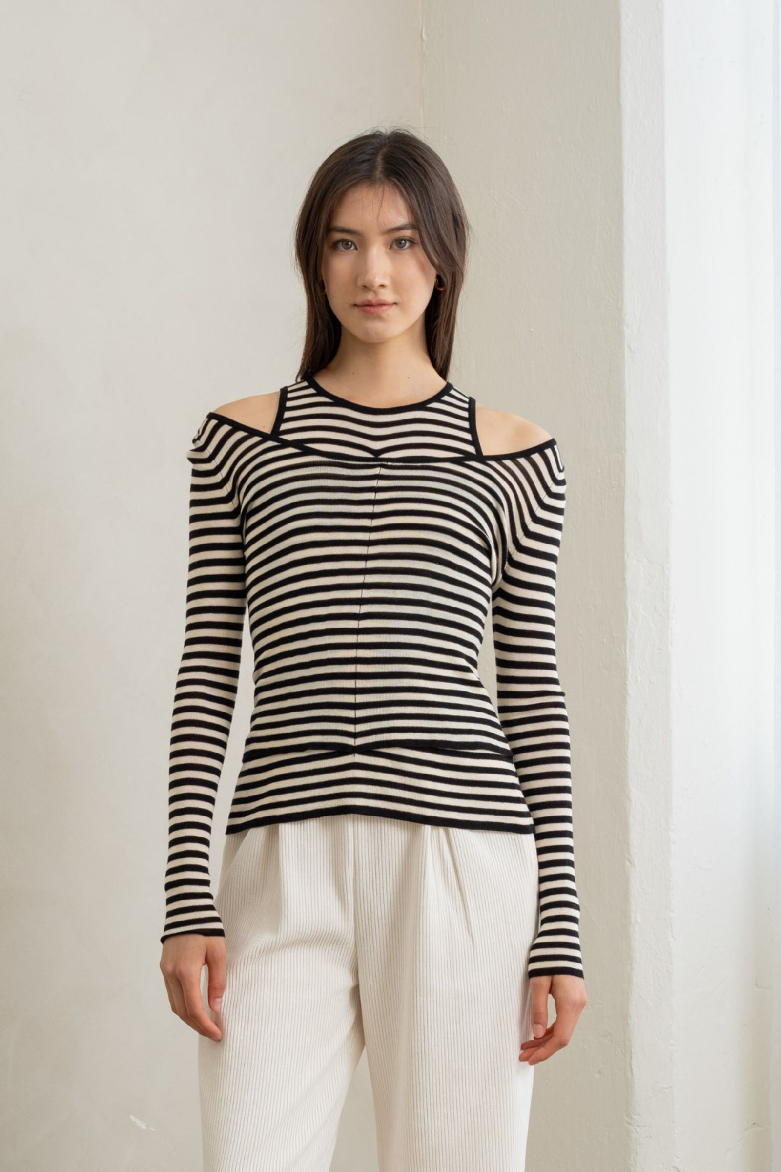 Double-Layer Striped Cold Shoulder Top