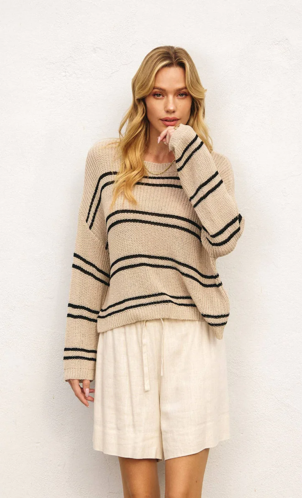 Double Striped Long Sleeve Open Knit Top