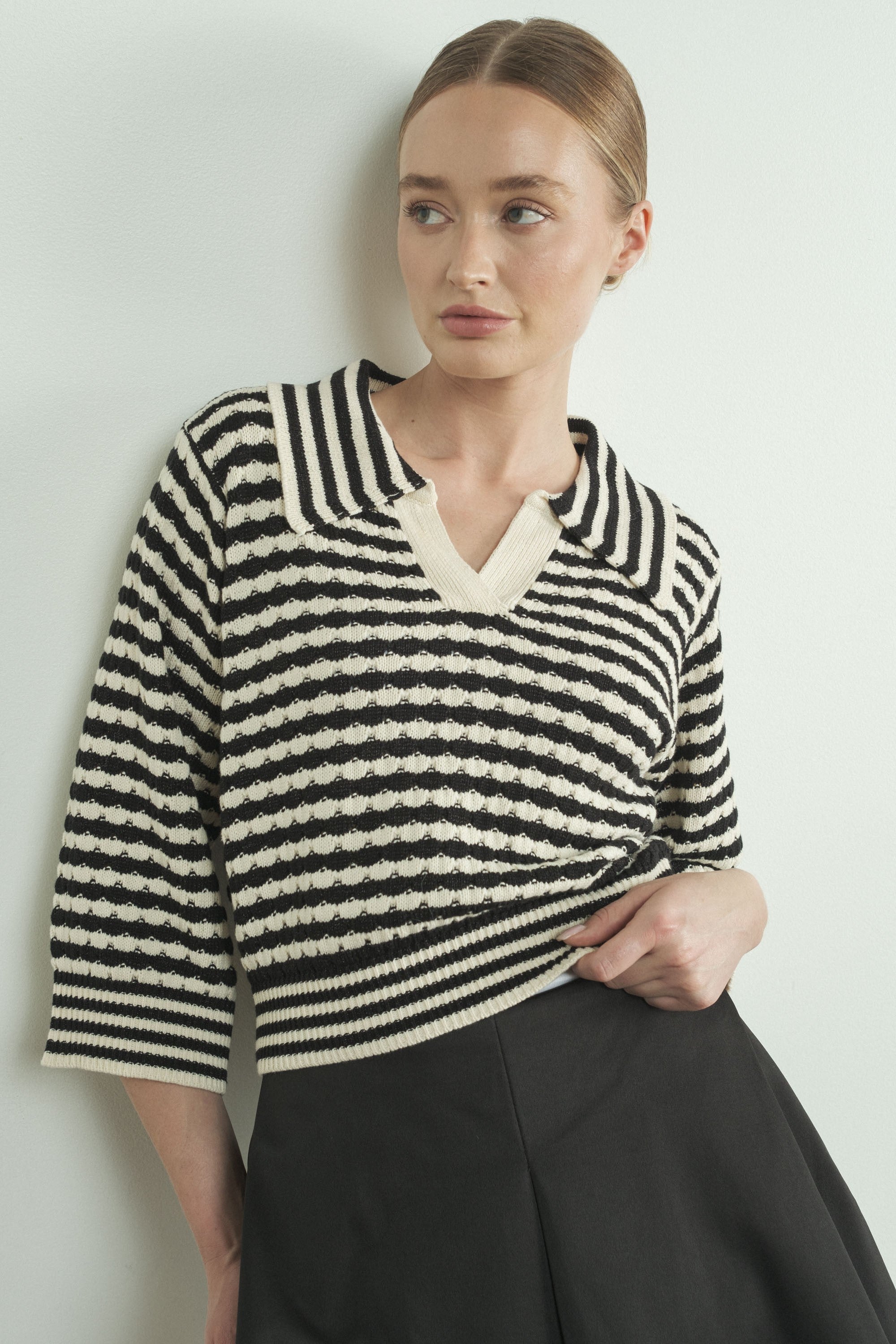 JACQUARD STRIPE 3/4 SLEEVE SWEATER